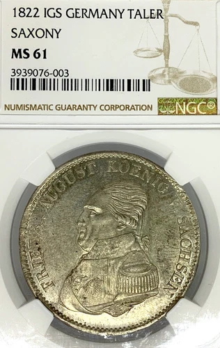 German States Saxony 1822 IGS Taler Coin NGC MS 61 VZ/F.STG Thaler MINING UNC 