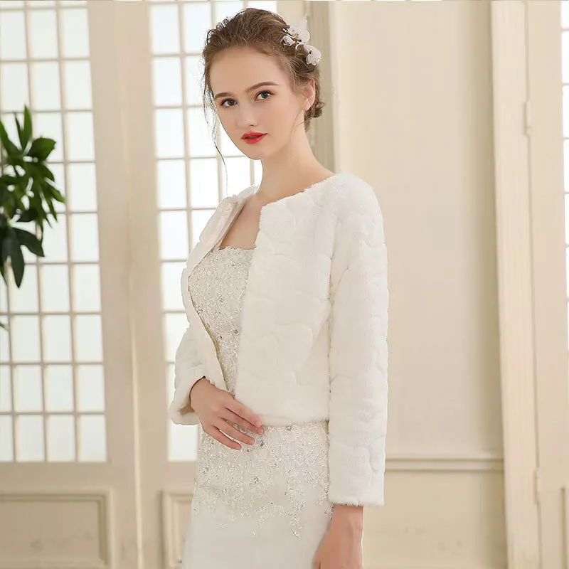 Lady Faux Fur Jacket Bridal Bolero Shrug Coat Embossing Wrap Shawls Wedding Tops