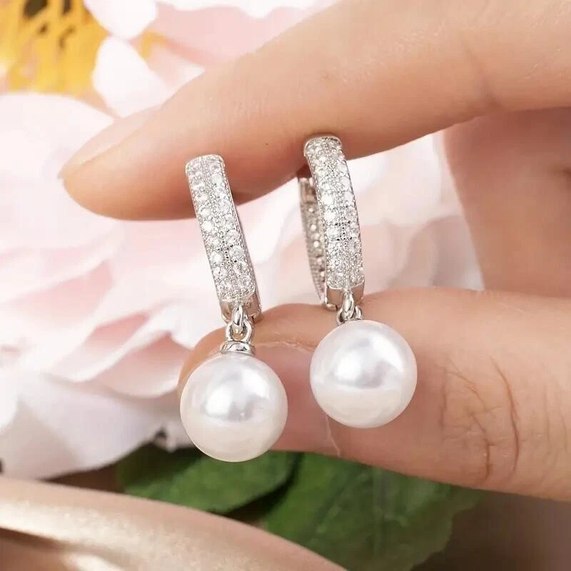 Moda Mujeres Lujo Imitación Perla Circón Pendientes Plateado Blanco Regalo Joyería Foto 4 de 4