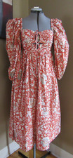 Ulla Johnson  Alessa Floral Orange Midi Dress Cut Out Ruch Puff Sleeve Sz 2