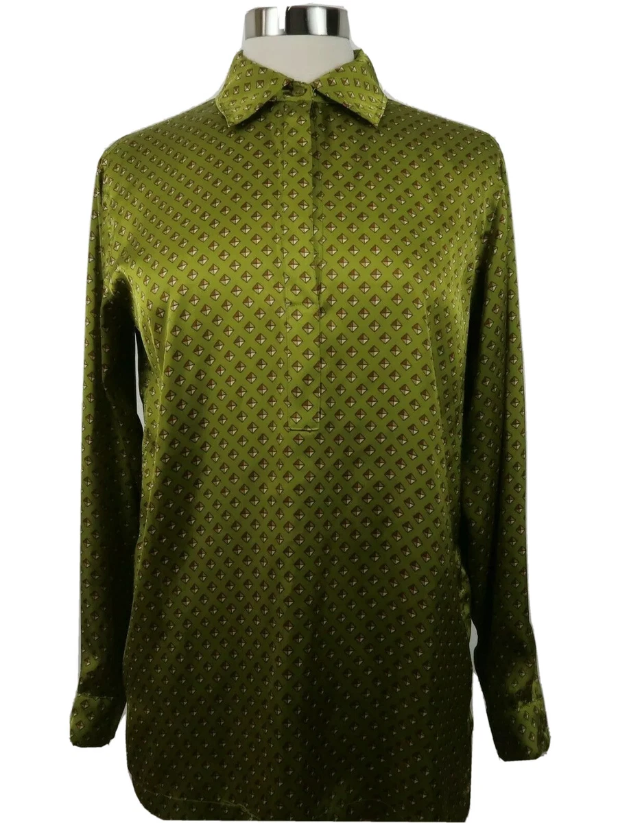 Michael Kors Womens Polyester LS V Neck Olive Green Geometric Tunic Blouse XS