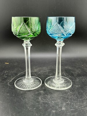 Pair Of Val Saint Lambert Crystal Blue & Green Cordial Glasses 4.75  