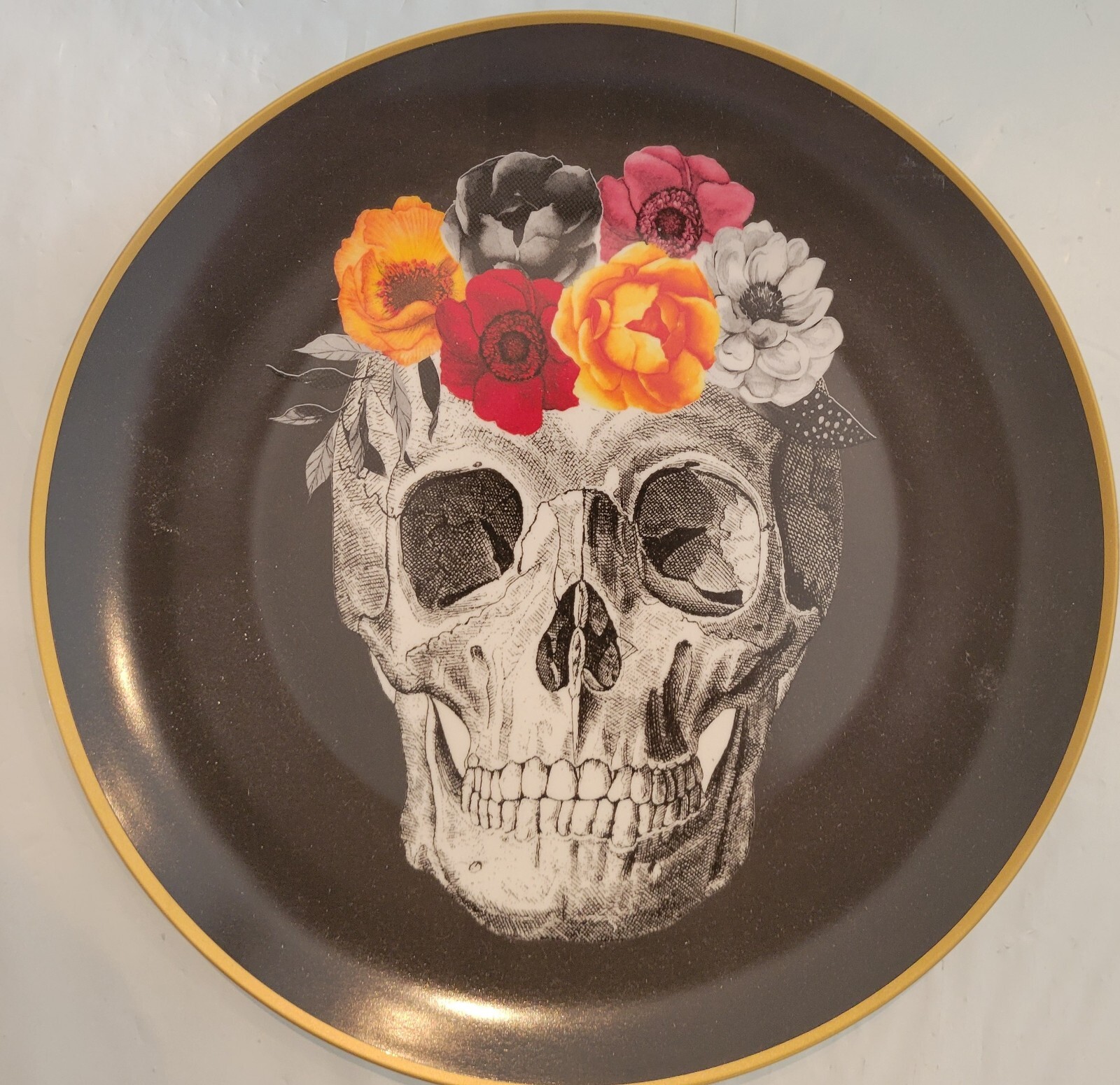 4 pk Harvest Green Studio HALLOWEEN Skull Roses Crown Dinner Plates Black NIB