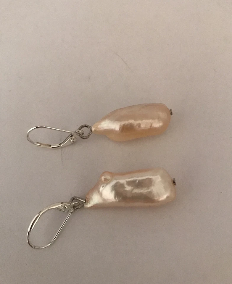 Ohrringe aus Echten Perlen Biwaperlen Barock Stäbchen 22x10x8 mm Apricot / Rosé - Bild 2 von 4