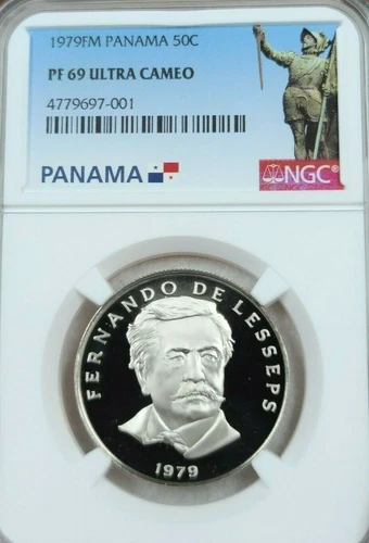 1979 PANAMA 50 CENTESIMOS FERNANDO DE LESSEPS NGC PF 69 ULTRA CAMEO SCARCE