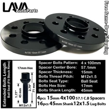 4PC 15MM THICK 4X100 57.1MM C.B WHEEL SPACER+12X1.5 BOLT FIT VOLKSWAGEN AND MORE