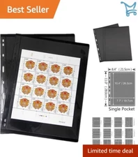 Acid-Free 10 Sheet Stamp Album Pages - 1 Row, Black Pockets for Classic Display