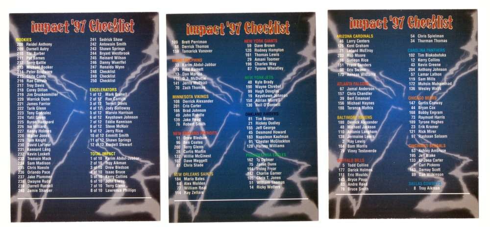 1997 SkyBox Impact Football - 3 Card Checklist set