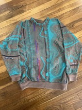 Vintage 3D COOGI Australia Brown Green Teal Red Purple Long Sleeve Sweater Men L
