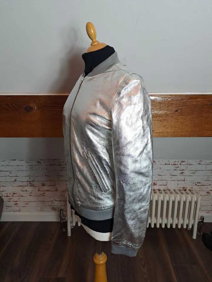 BLK DNM NYC BRAND NEW SILVER LEATHER BOMBER JACKET SIZE MEDIUM ORIGINALLY £500 - Image 3 of 4