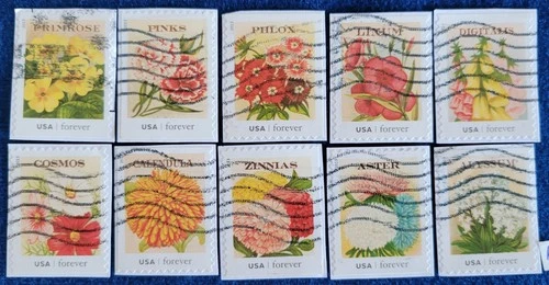 US Stamps Vintage Flower Seed Packets Stamps Used Set of 10 On Paper 4754-4763