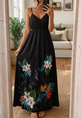 Sommerkleid lang schwarz mit tropischen Blumen Gr. L/XL 100% Baumwolle