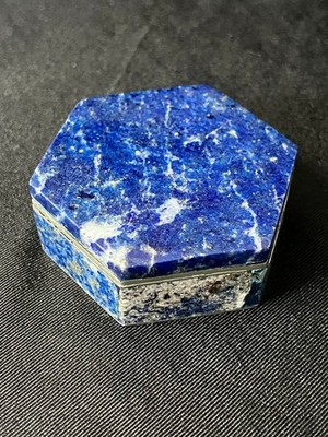 Vintage Lapis Lazuli Trinket Box Small Hexagon Inlay Silver Tone Pillbox