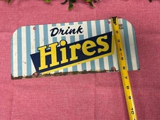 Vintage 1950s Drink Hires Root Beer Metal Soda Advertising Sign 14” Striped