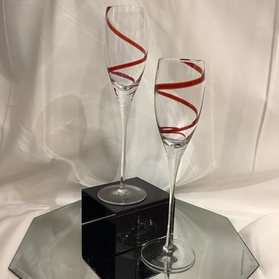 Pier 1 Imports Red Swirline Champagne 9.75  Flute Glass - Set of 2