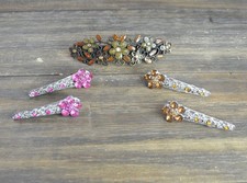 Flower Hair Barrette Vtg Mod Bronze Silver Tone Rhinestone Alligator French Clip