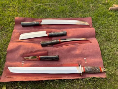 Stainless Steel Kitchen Knives Set 5 Pieces: Wood Handles & Leather Roll Kit
