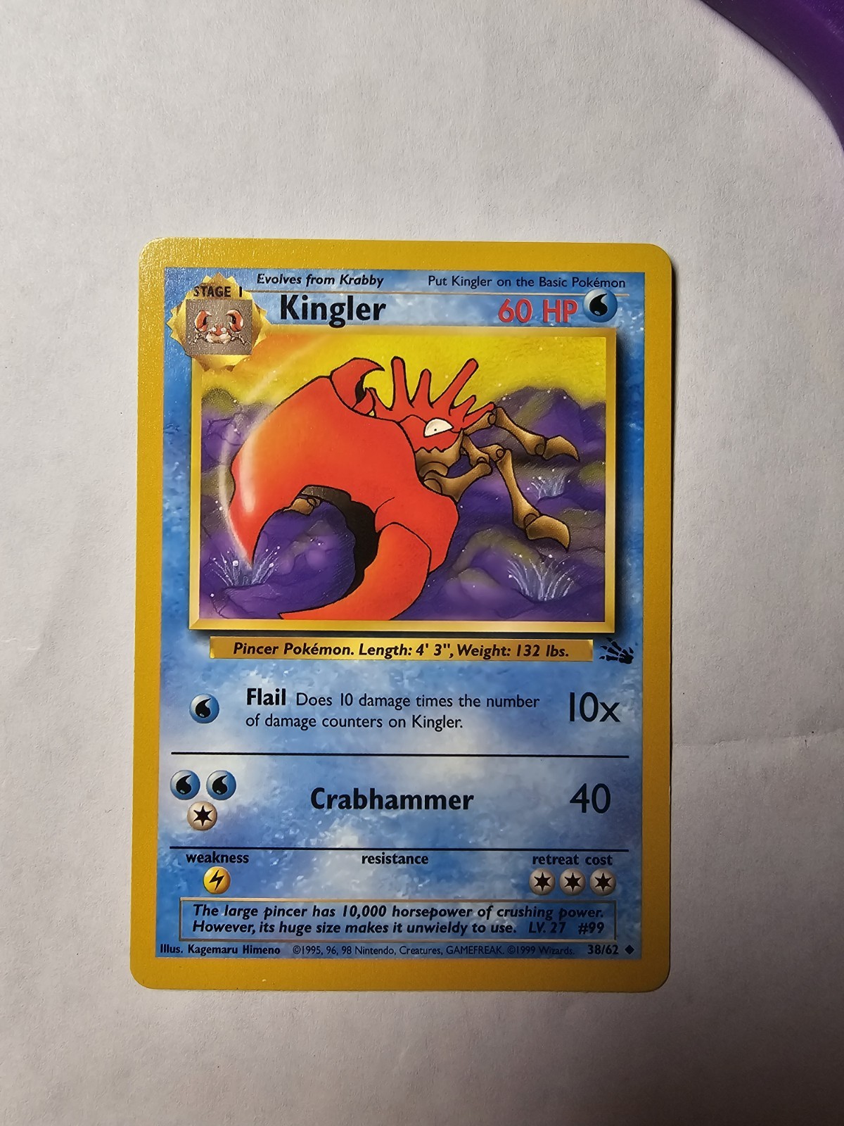 1st Edition Kingler 38/62 - Fossil - Pokemon, 1999 Vintage NM