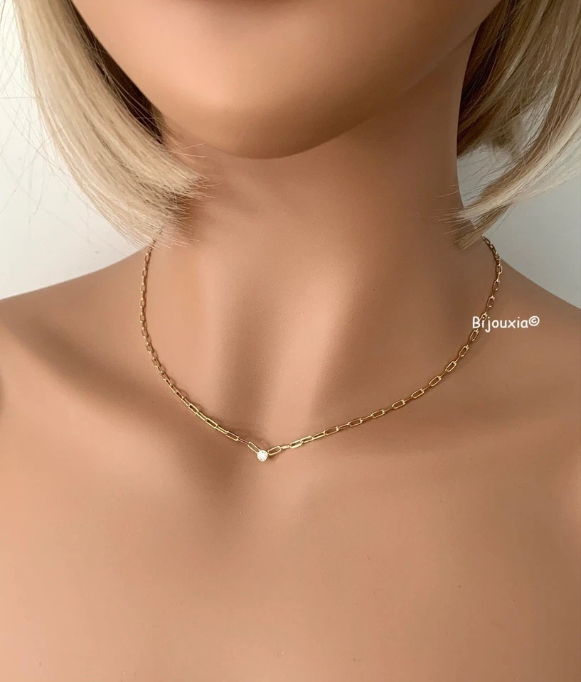 Collier Chaîne Avec Pendentif Solitaire Serti Clos Plaqué or 18 Carats 750/1000 - Photo 4/4