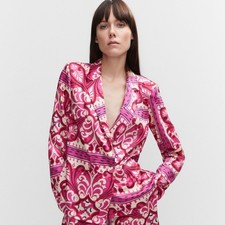 MANGO Printed Lapels Shirt Fuchsia Pink Double Breasted Blouse Womens size 4