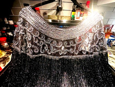 GORGEOUS BRAND NEW SEQUIN BLACK/SILVER COCKTAIL EVENING SEE-THRU FRINGE CAPE