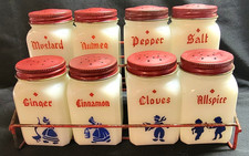 8 Spice Jars & Red Metal Rack Dutch Windmill Design Milk Glass USA Vtg Retro