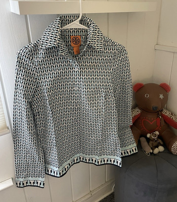 Tory Burch Blouse 4 Blue White Geometric Woven Collared Long Sleeve Button-Up