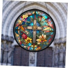 God Bless Acrylic Window Hanging Vintage Cross Stained Wall Decor, Ideal
