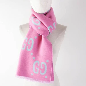 Gucci Authentique écharpe jacquard laine soie GG rose bleu clair 35 x 190 cm femme
