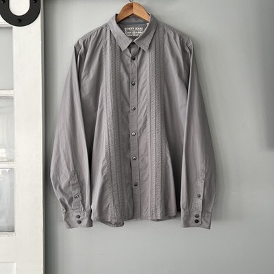 DKNY Jeans Men s 2XL Long Sleeve Embroidered Stripes Button Up Cotton Gray Shirt