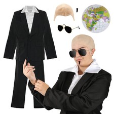 ADULTS MR WORLDWIDE FANCY DRESS COSTUME SUIT BALD CAP GLASSES BEARD FUNNY 00'S