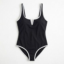 Black Plunge V-Neck One-Piece Swimsuit White Piping Trim Scoop Back Size Unknown