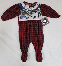 Vtg Christmas Frosty Snowman  Friends Footie Sleeper Baby Infant Red Plaid 9M