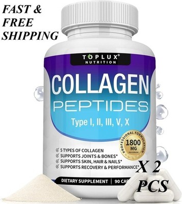2 BOTTLES-Toplux Multi Collagen Peptides Pills Complex - Type I, II, III, V, X*