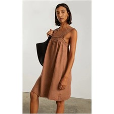 Everlane Smocked Linen Mini Dress Tawny Brown Square Neck Casual Women Small