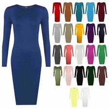 Ladies Womens Plain Long Sleeve Stretch Bodycon Dress Top Plus Size UK 8-26