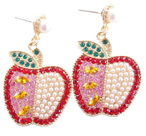 1.75" BETSEY JOHNSON RHINESTONE & PEARL TEACHER APPLE FRUIT DROP DANGLE EARRINGS - Picture 3 of 18