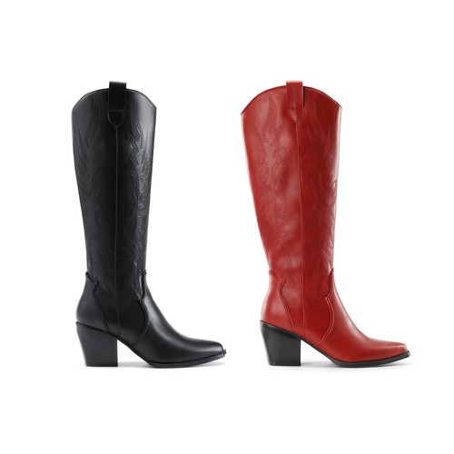 Womens Western Cowboy Knee High Boots Block Heel Embroidered Pointed Toe