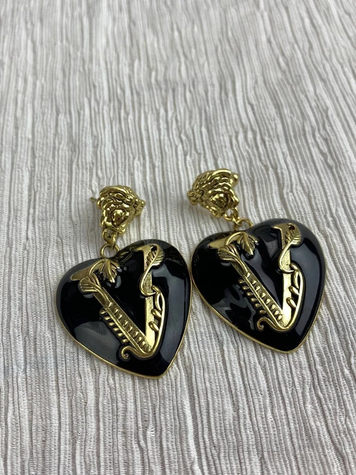 Versace Gold Black Heart Drop Earrings - Image 2 of 4