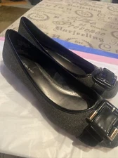 BANDOLINO "JOLLY JO"  BLACK & Gray CLASSIC SQUARE TOE/BUCKLE BALLET FLATS 9M