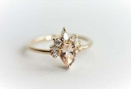 1.80Ct Pear Cut Lab Created Morganite Women Engagement Ring 14K Rose Gold Plated - Picture 1 of 13