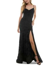 $129 City Studios Juniors' Flocked Glitter Mesh Ruched Corset Gown, Black, 11/12
