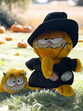 Vintage Lot Of 2 Halloween Garfield Witch Plush Stuffed Animal W/ Hallmark Pins