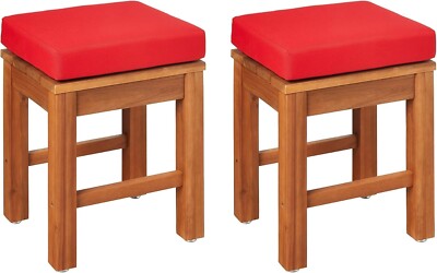Outdoor Patio Stool with Cushions, Acacia Wood, Set of 2, Natural Finish