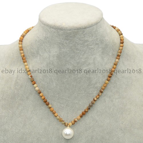 4mm Natural Assorted Gemstone 14mm Round White Shell Pearl Pendant Necklace 18'' - Picture 162 of 198