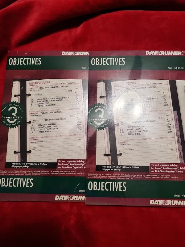 Day Runner Objectives 5 1/2 x 8 1/2 Refill, fits 3 ring- 30 pgs/pack NEW! 2 pack