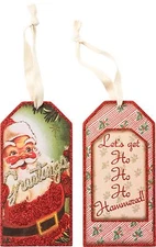Wood Wine Bottle Tag Tie On Sign~Vintage Christmas Santa~Let's get Ho Hammered