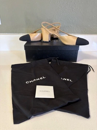 Chanel Size 41 Beige/Black Goatskin Cap Toe Slingback Pumps VERY GOOD