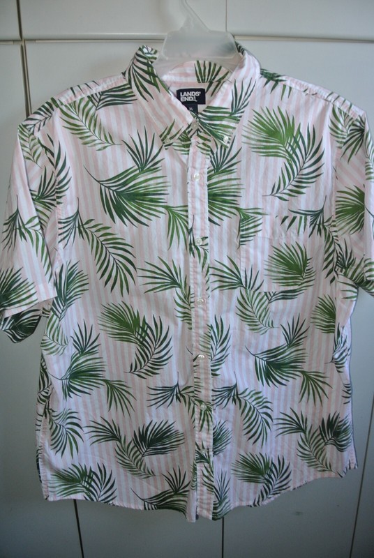Lands End Mens XL Classic Button-Down Areca Palms over White & Pink Stripes/Nice