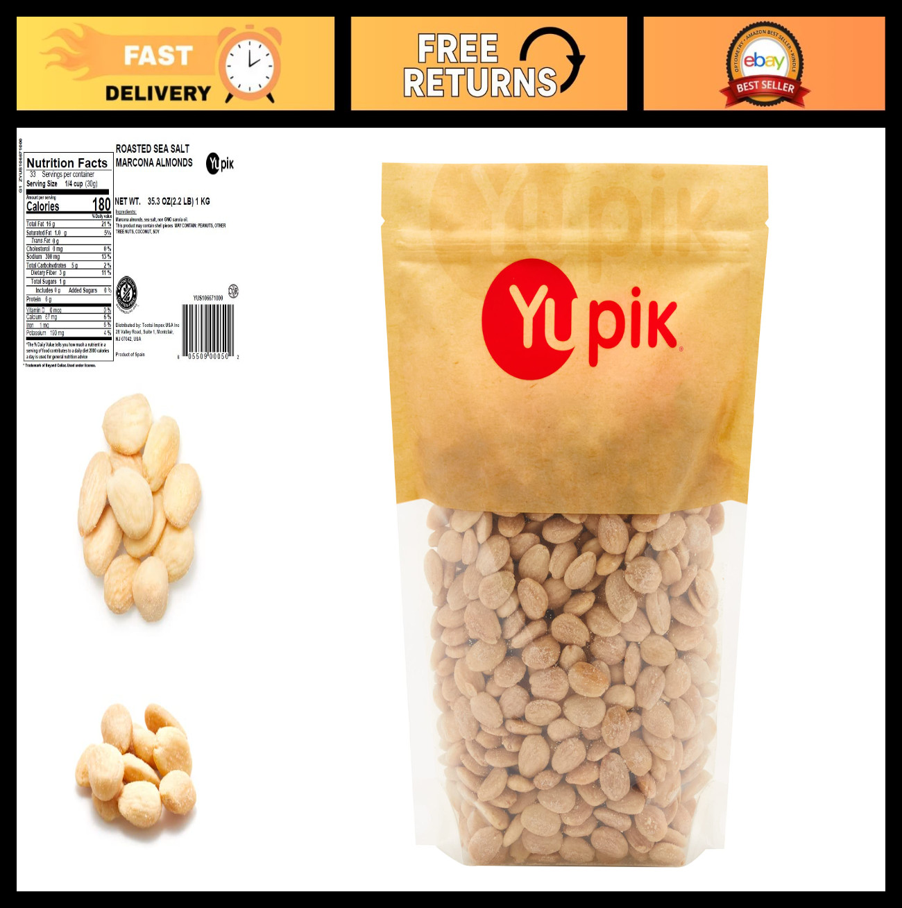 Almendras Marcona Asadas Saladas de Mar 2,2 lb - Sin Gluten, Veganas, Kosher, Saladas S
